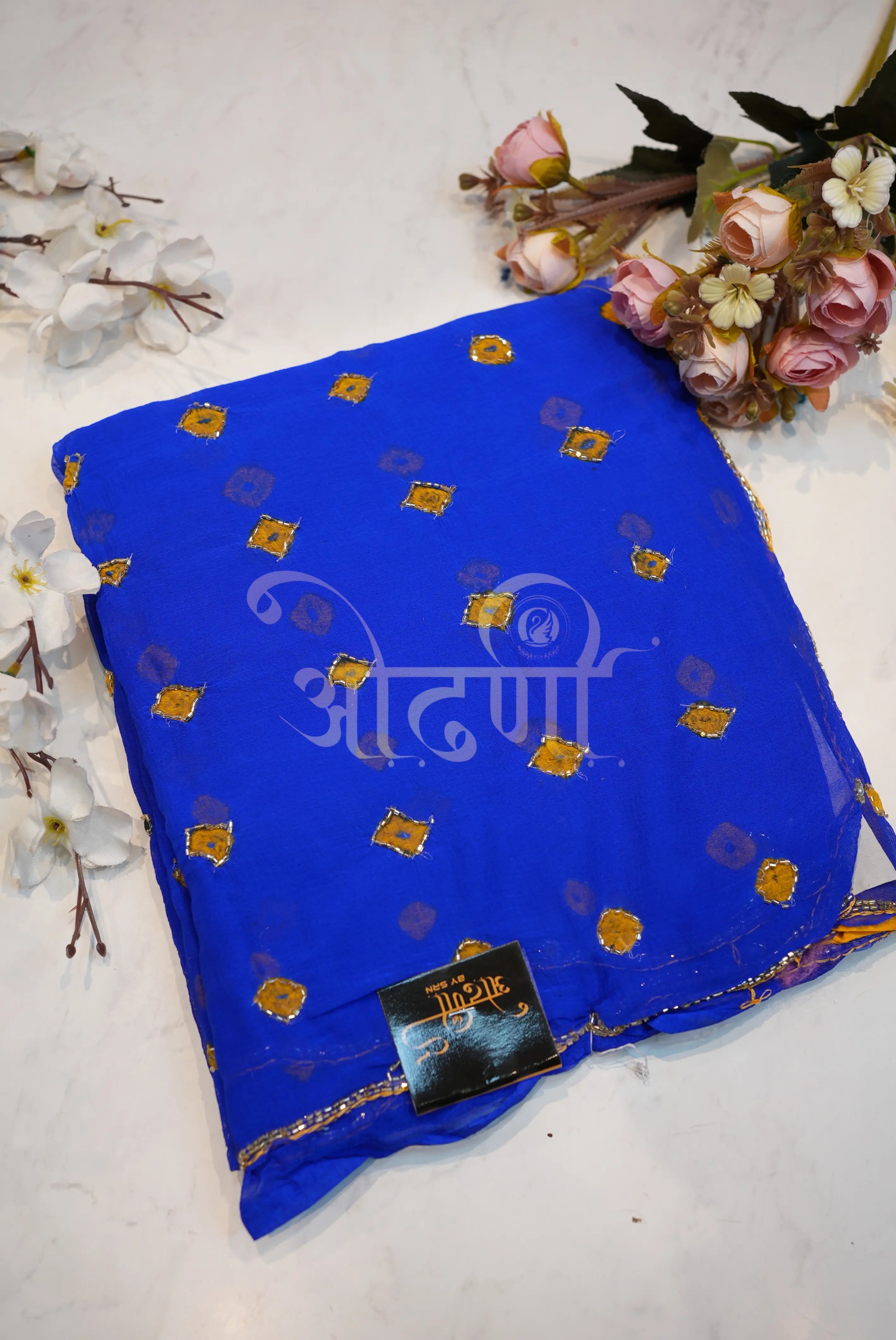 Bundi Bandhej Saree on Chamunda Chiffon Fabric with Cutdana Work