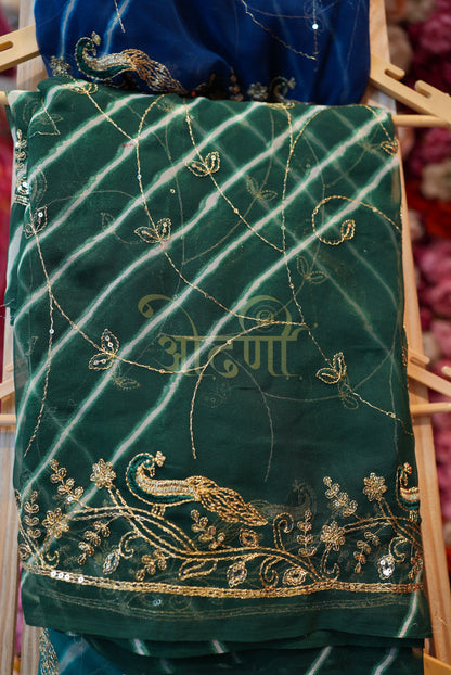 RAJPUTI SAREE WITH AARI-TARI WORK IN LEHARIYA & CHUNRI PATTERN  ##SR0168