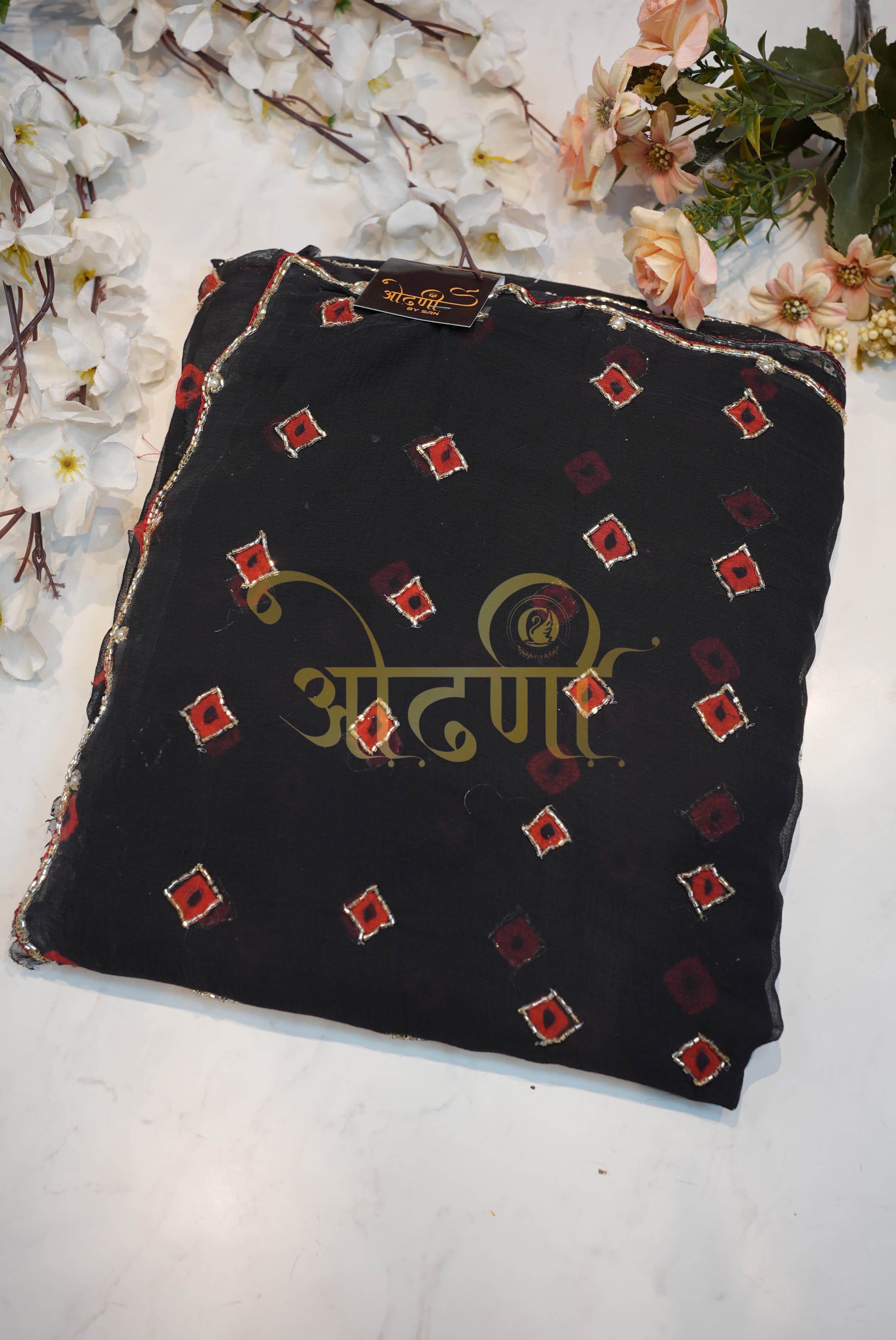 Bundi Bandhej Saree on Chamunda Chiffon Fabric with Cutdana Work