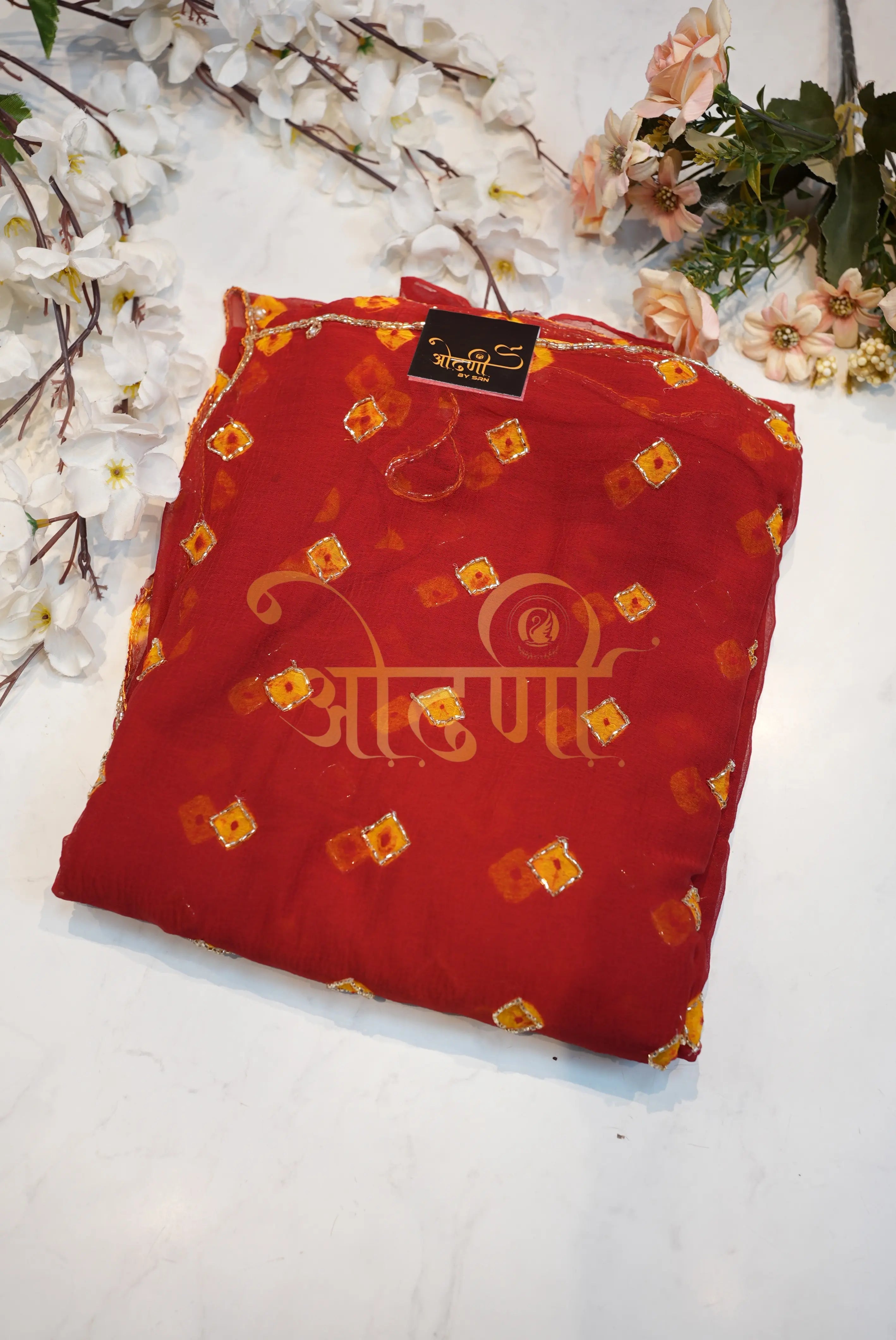 Bundi Bandhej Saree on Chamunda Chiffon Fabric with Cutdana Work