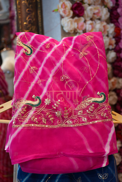 RAJPUTI SAREE WITH AARI-TARI WORK IN LEHARIYA & CHUNRI PATTERN  ##SR0168