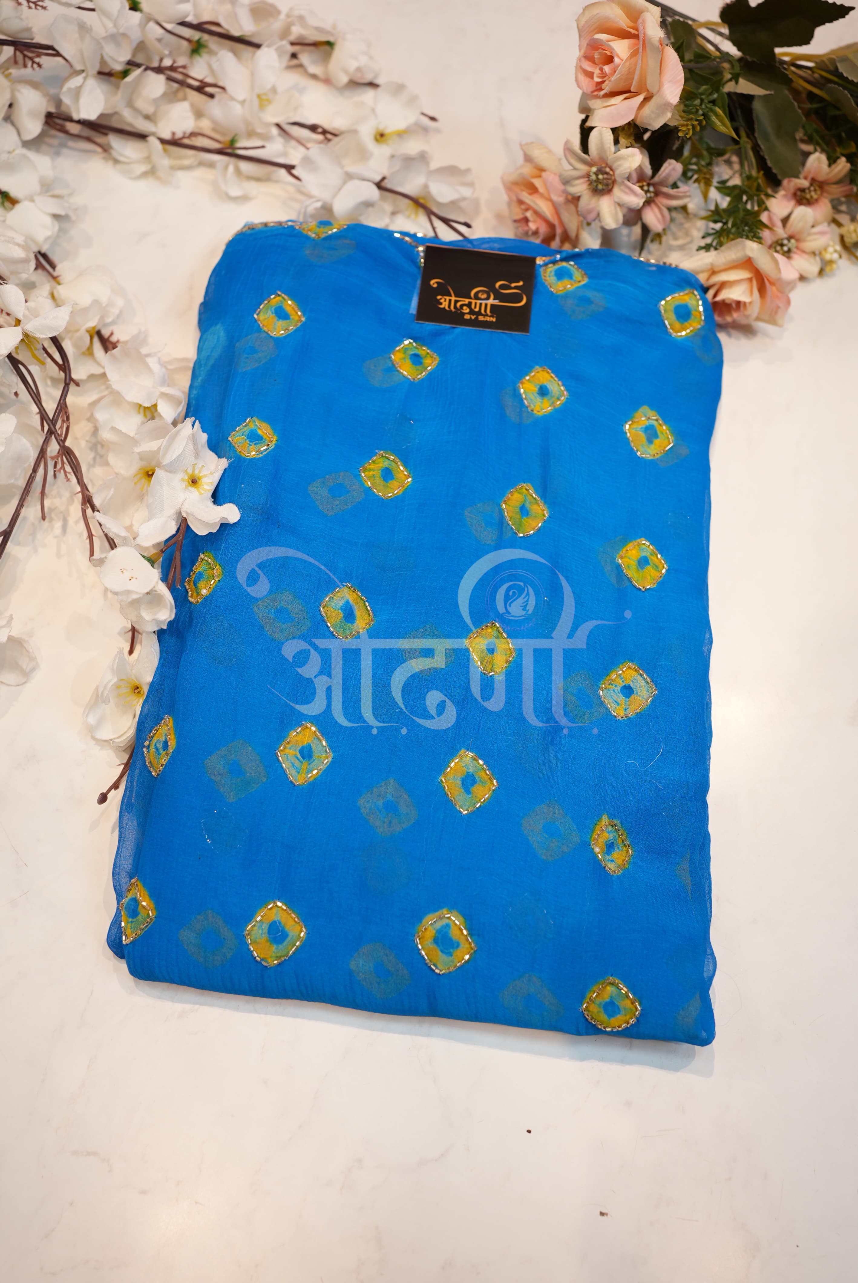 Bundi Bandhej Saree on Chamunda Chiffon Fabric with Cutdana Work