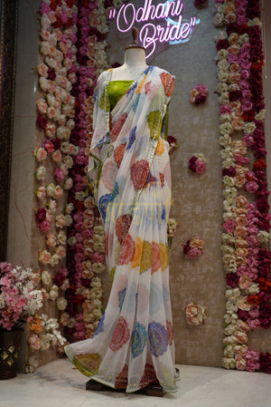 HANDWORK BANDHANI DESIGN SAREE WITH CONTRAST ZARI WEAVING BLOUSE    ##SR0174