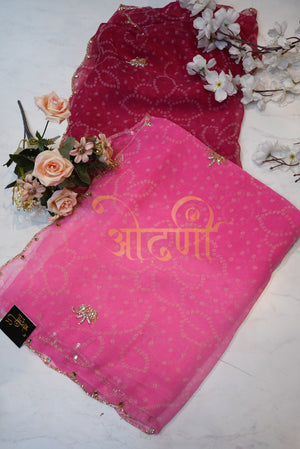 A Rajasthani Bandhani Saree Made of Georgette Fabric with Cutdana handwork ##SR025