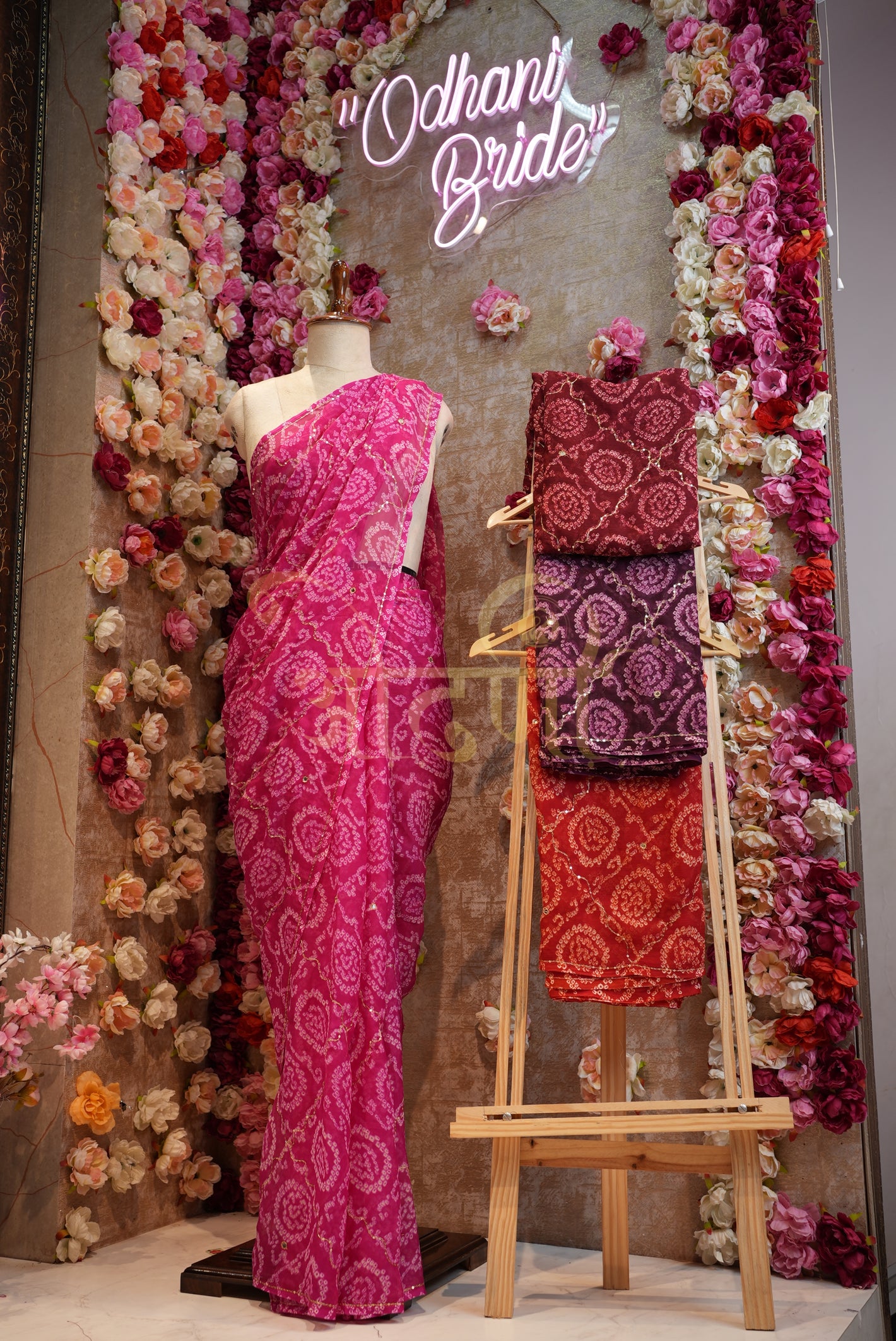 RAJPUTI BANDHANI SAREE ON CHIFFON FABRIC WITH AARI-TARI WORK (WITHOUT BLOUSE)   ##SR0171