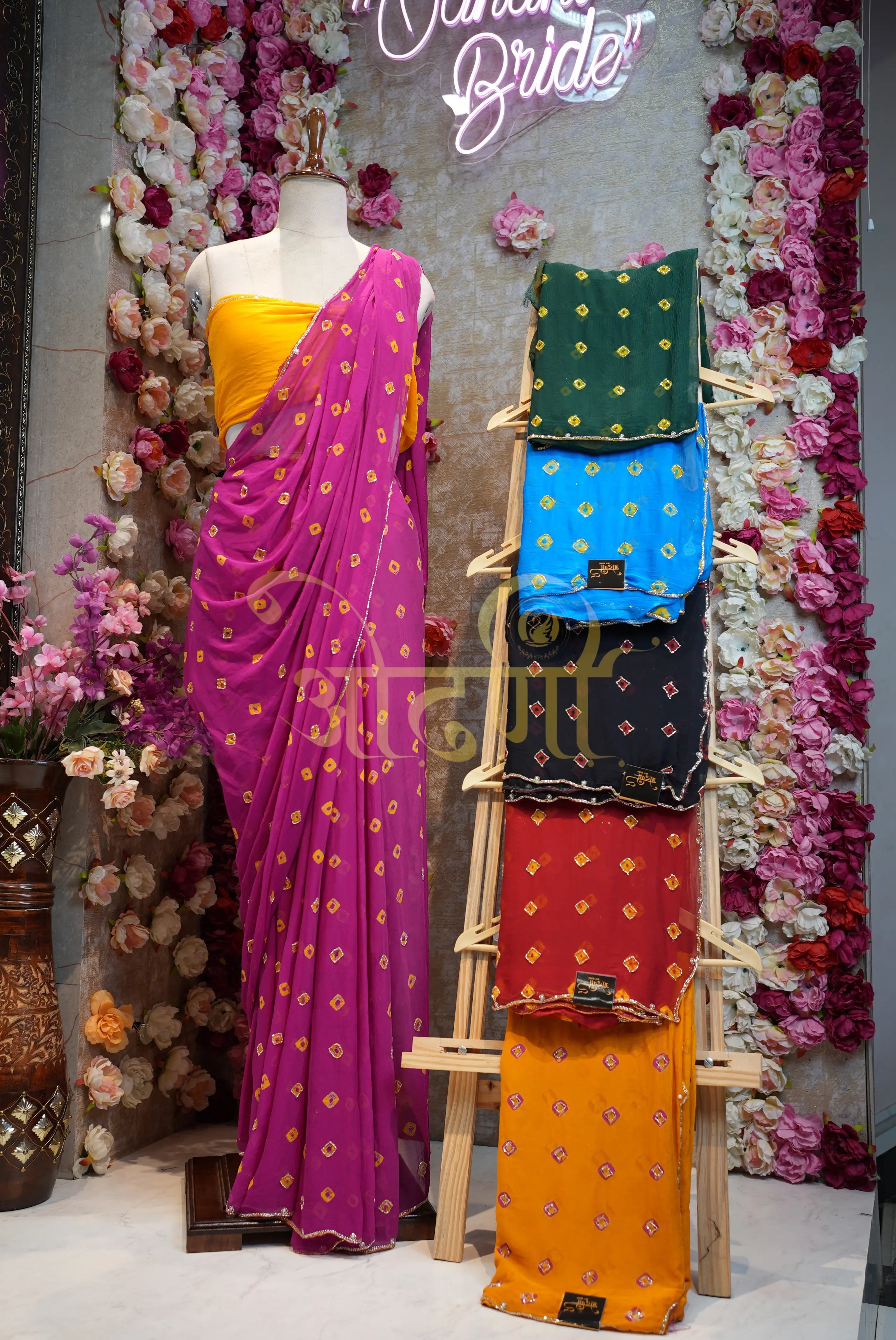 Bundi Bandhej Saree on Chamunda Chiffon Fabric with Cutdana Work