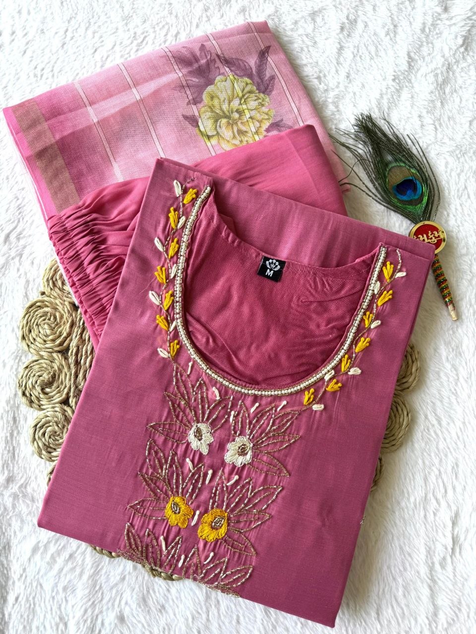 Elegant Light Pink Chanderi Suit with Roman Silk Bottom & Heavy Dupatta