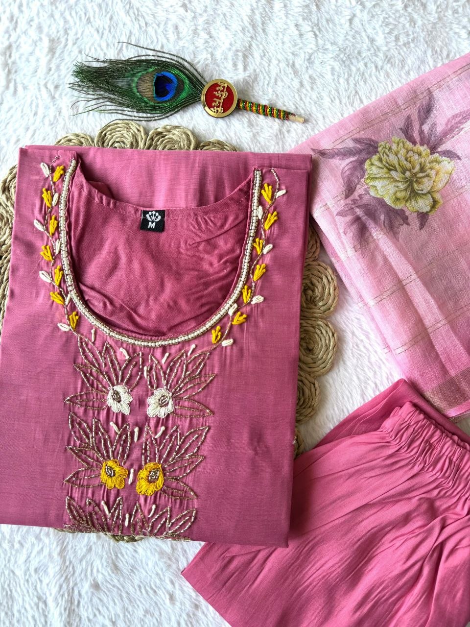 Elegant Light Pink Chanderi Suit with Roman Silk Bottom & Heavy Dupatta