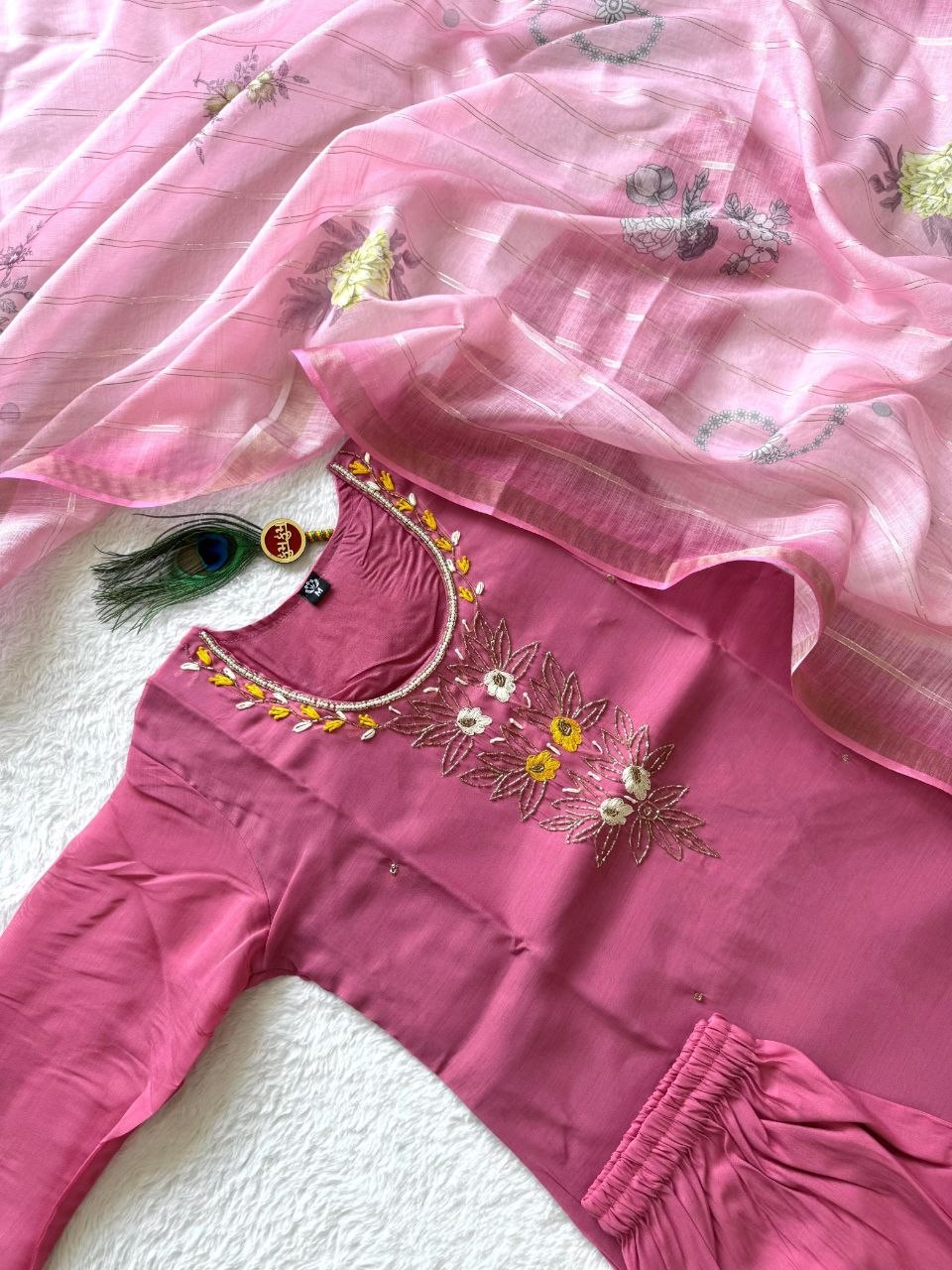 Elegant Light Pink Chanderi Suit with Roman Silk Bottom & Heavy Dupatta
