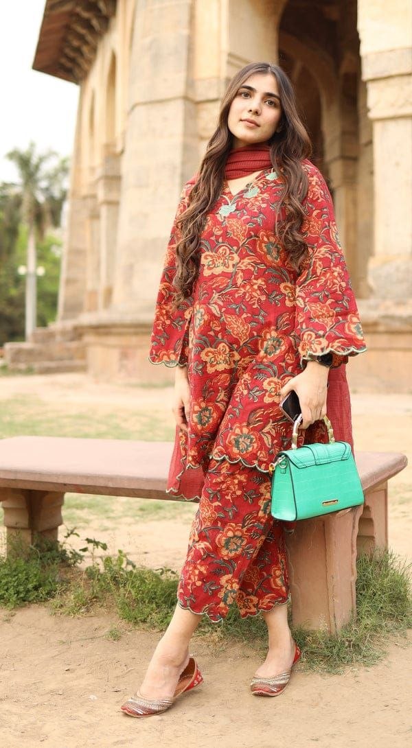 SOMIYA Branded Pure Cotton Suit Set with Embroidery Neck & Kotadoria Dupatta