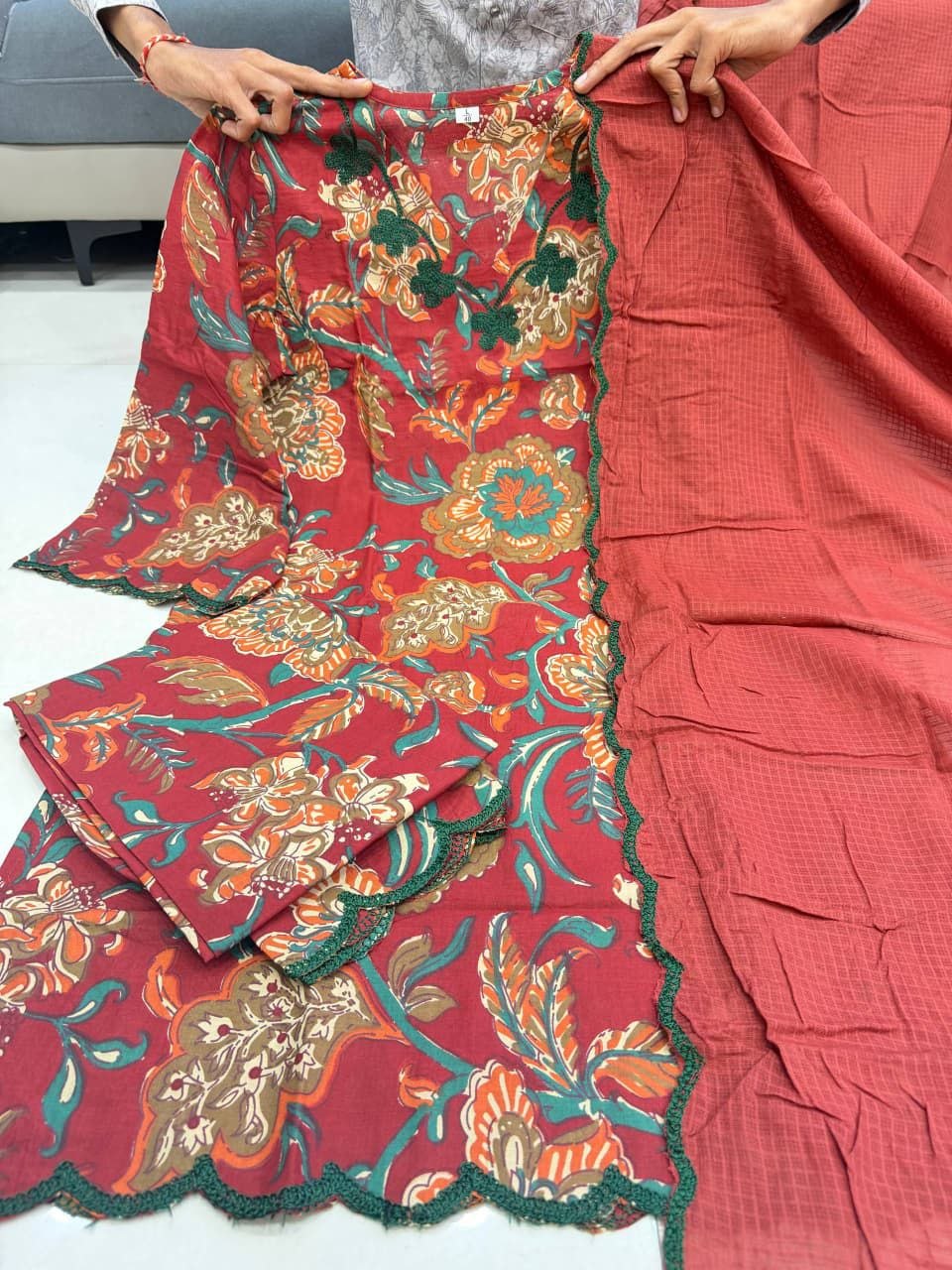 SOMIYA Branded Pure Cotton Suit Set with Embroidery Neck & Kotadoria Dupatta