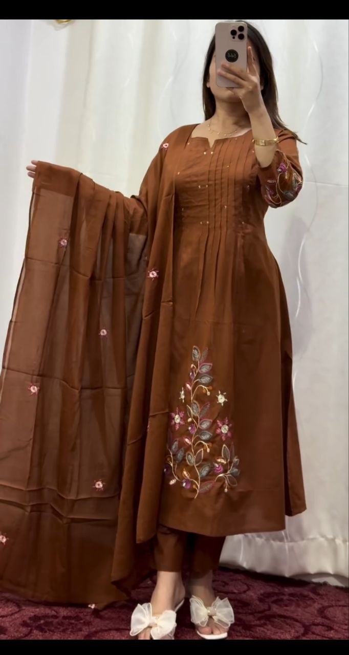 MADHAVI Branded Pure Cotton Suit Set with Handwork Neck & Embroidery Dupatta