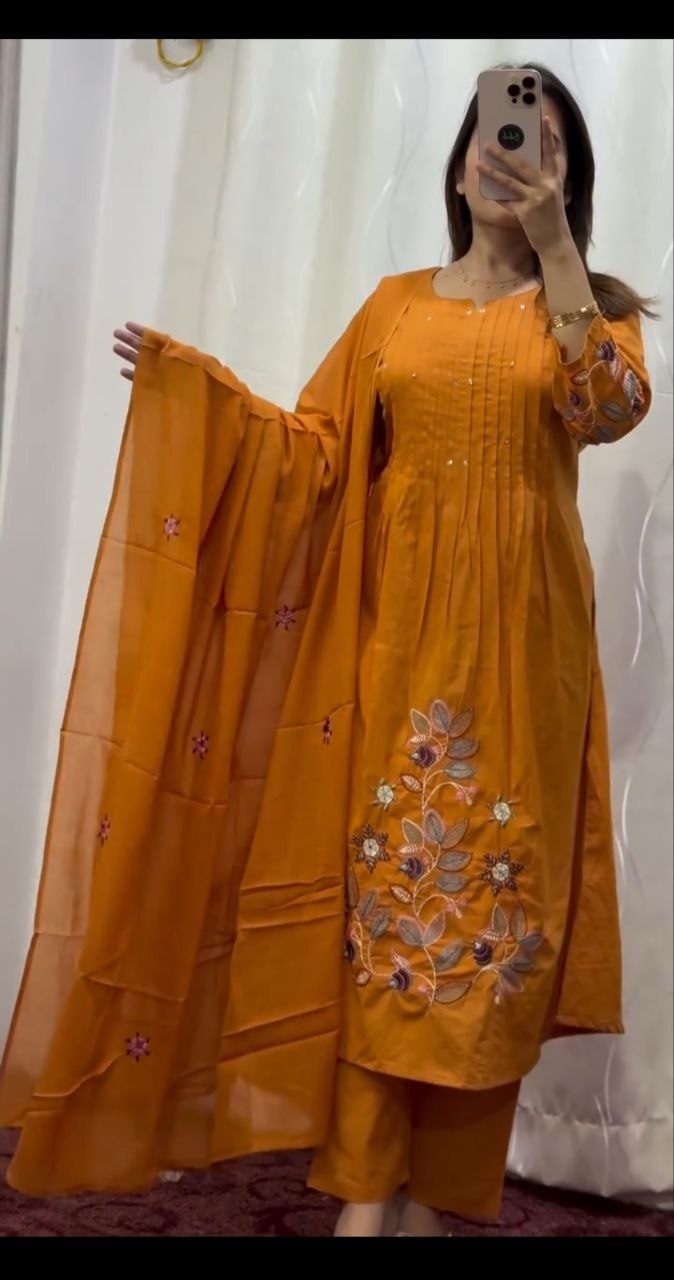 MADHAVI Branded Pure Cotton Suit Set with Handwork Neck & Embroidery Dupatta