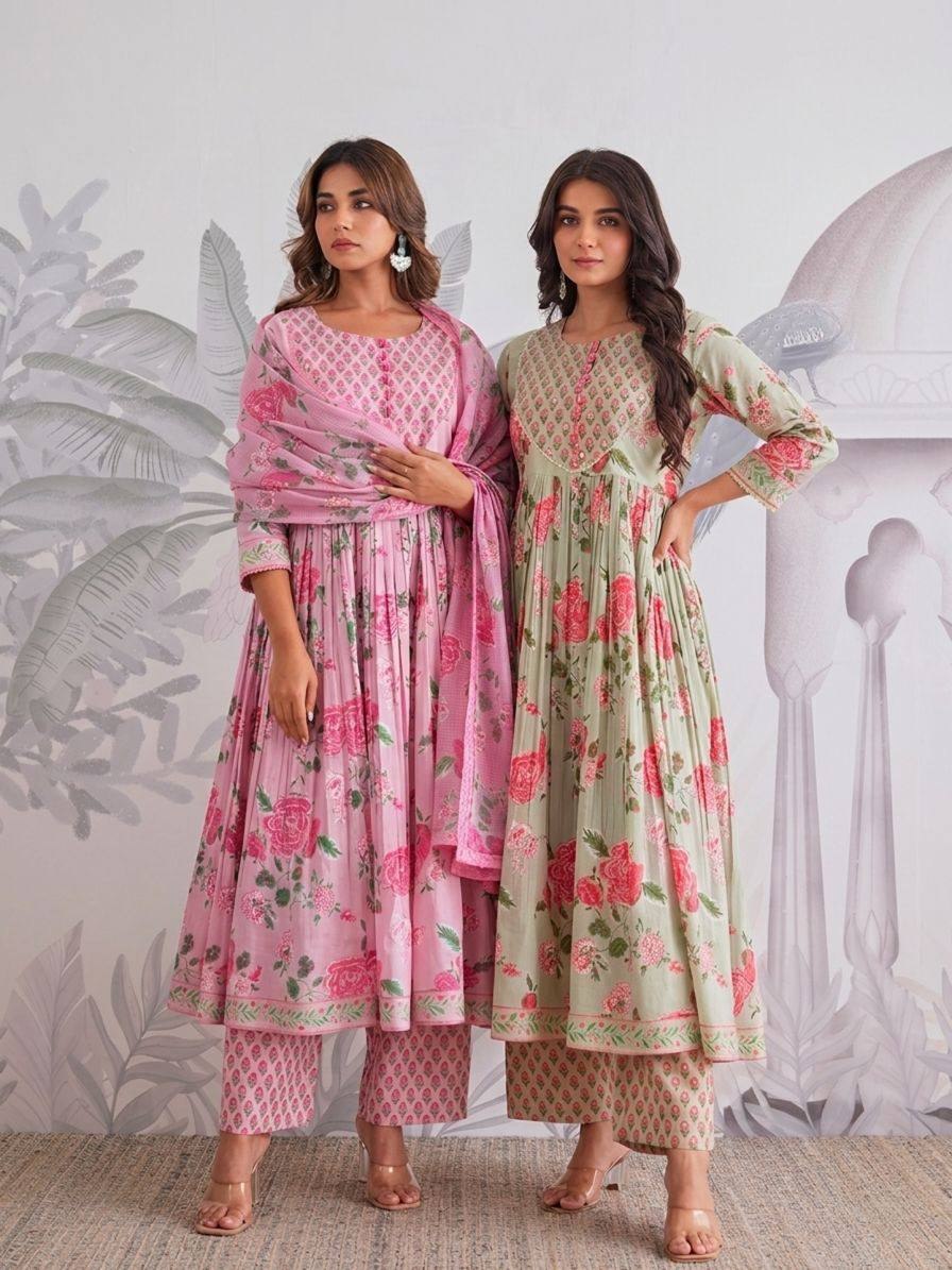 Comfort Wear Pure Cotton Anarkali Set with Graceful Floral Prints