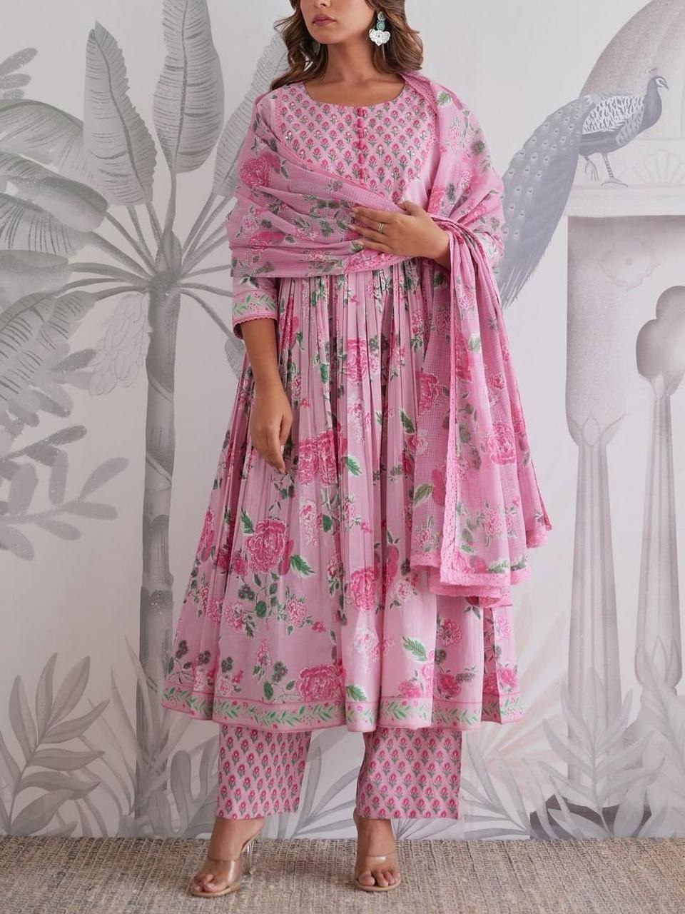 Comfort Wear Pure Cotton Anarkali Set with Graceful Floral Prints