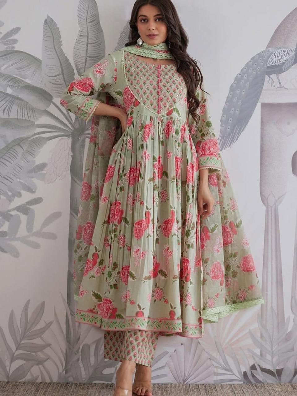 Comfort Wear Pure Cotton Anarkali Set with Graceful Floral Prints