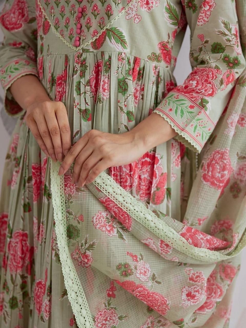 Comfort Wear Pure Cotton Anarkali Set with Graceful Floral Prints