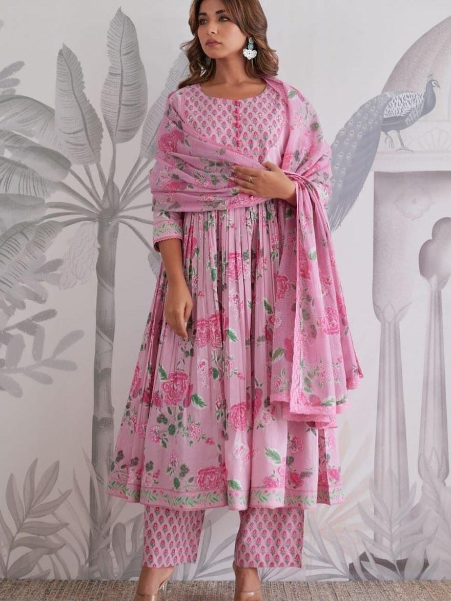 Comfort Wear Pure Cotton Anarkali Set with Graceful Floral Prints