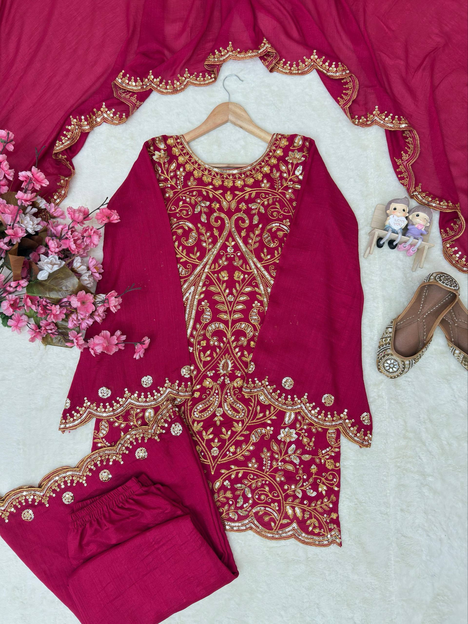 Designer Vichitra Silk Ethnic Set with Embroidered Plazzo & Dupatta