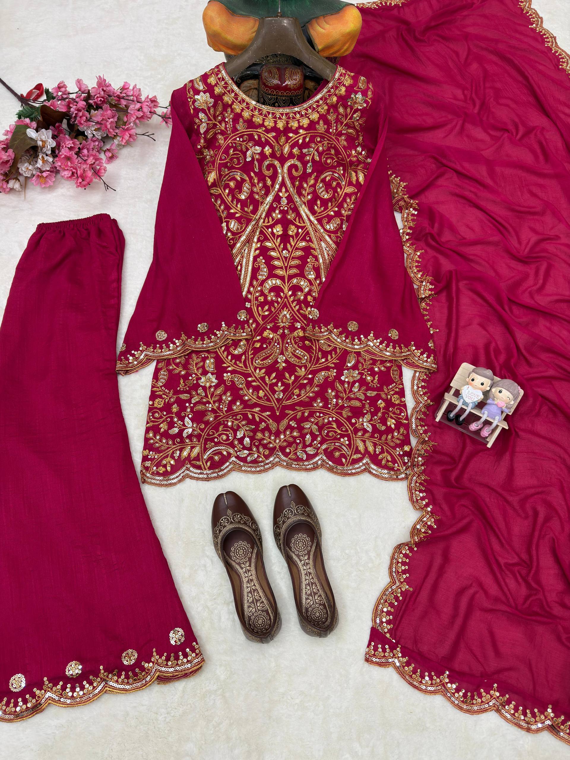 Designer Vichitra Silk Ethnic Set with Embroidered Plazzo & Dupatta