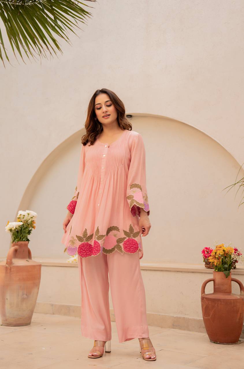 Premium Embroidered Chanderi Silk Top & Pant Co-Ord Set