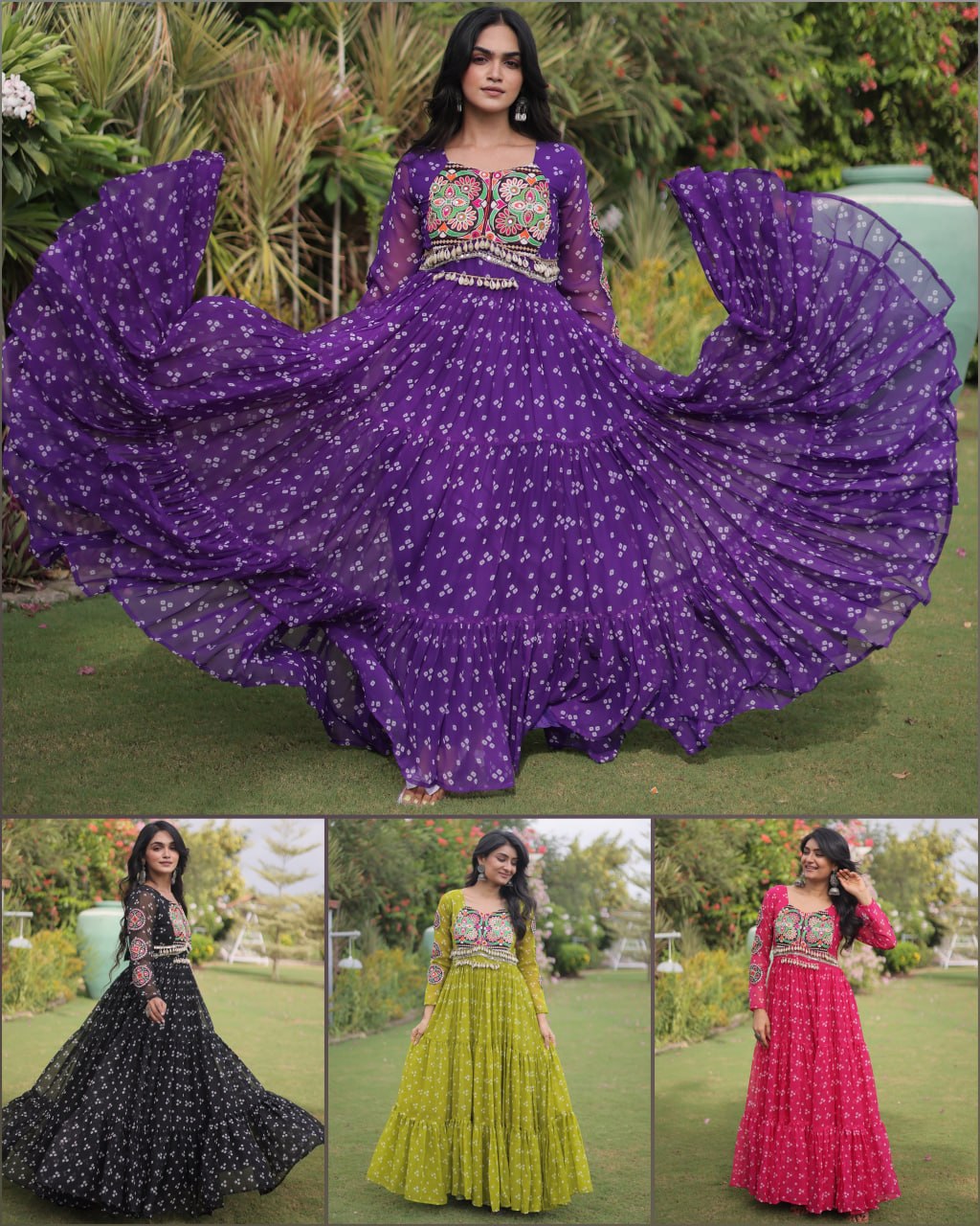Navratri Special Faux Georgette Bandhani Gown with Kutchi Patchwork