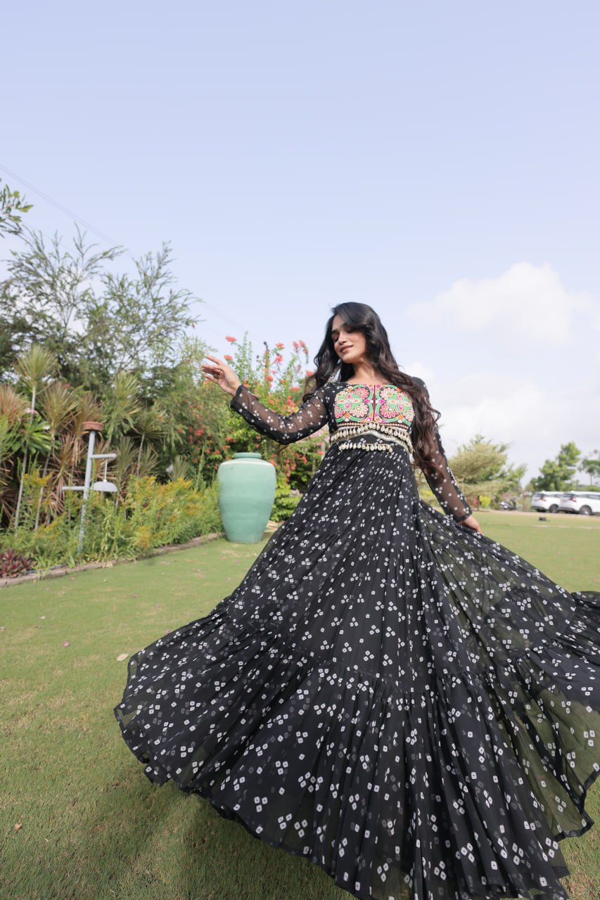 Navratri Special Faux Georgette Bandhani Gown with Kutchi Patchwork