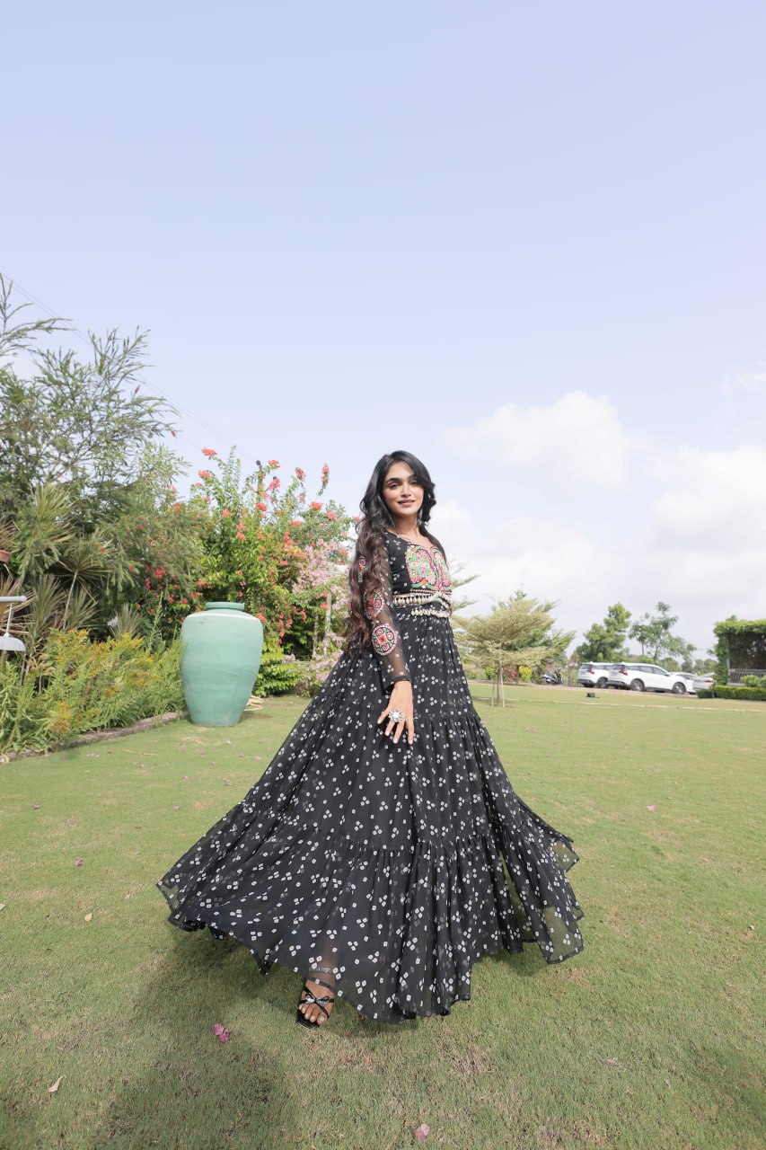Navratri Special Faux Georgette Bandhani Gown with Kutchi Patchwork