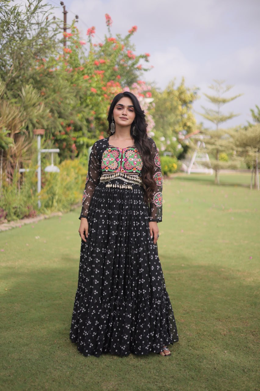 Navratri Special Faux Georgette Bandhani Gown with Kutchi Patchwork