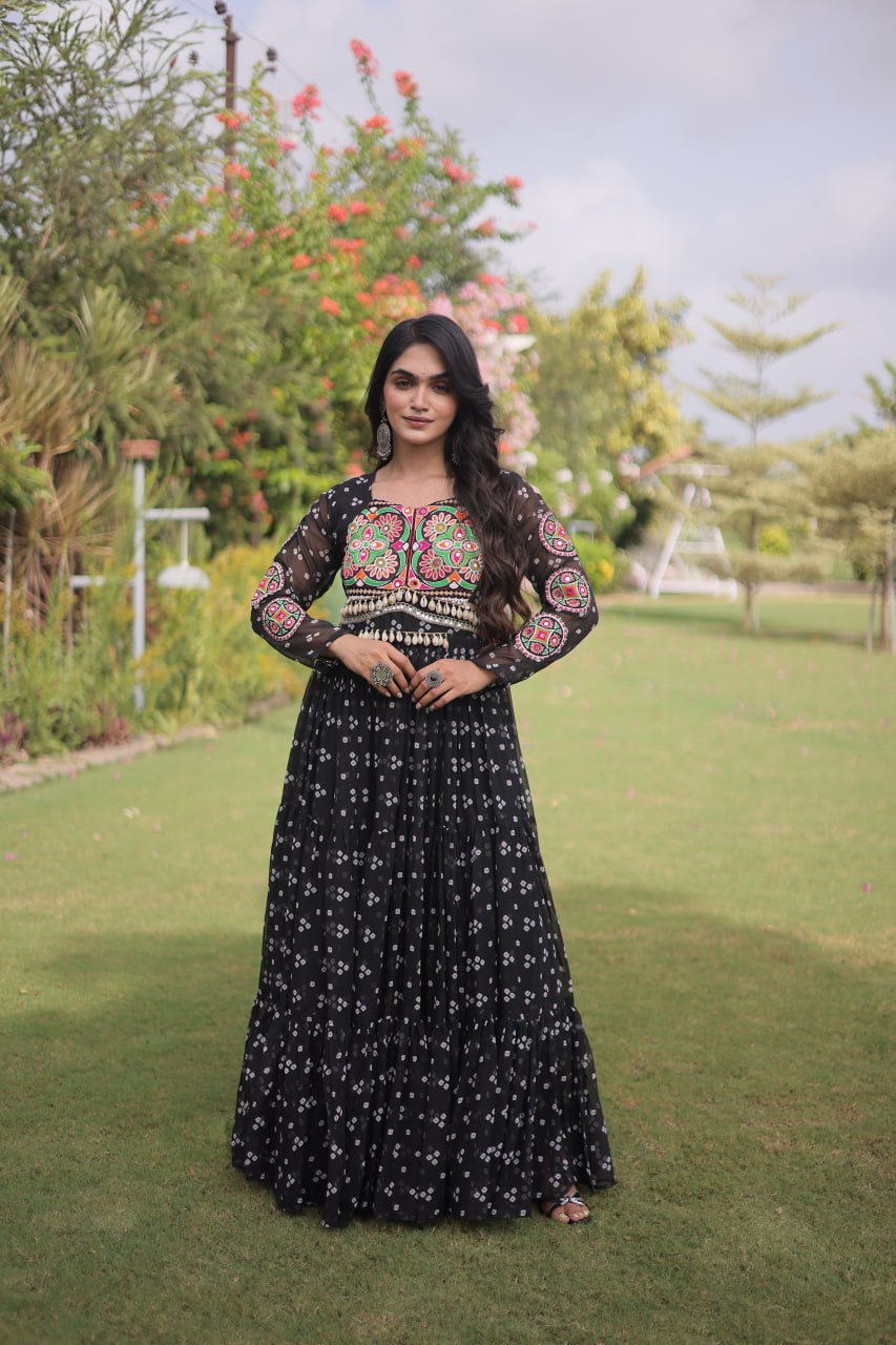Navratri Special Faux Georgette Bandhani Gown with Kutchi Patchwork