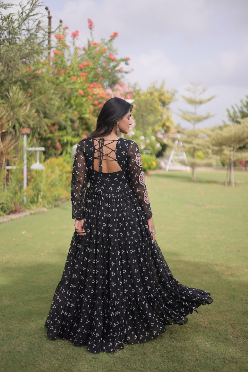 Navratri Special Faux Georgette Bandhani Gown with Kutchi Patchwork