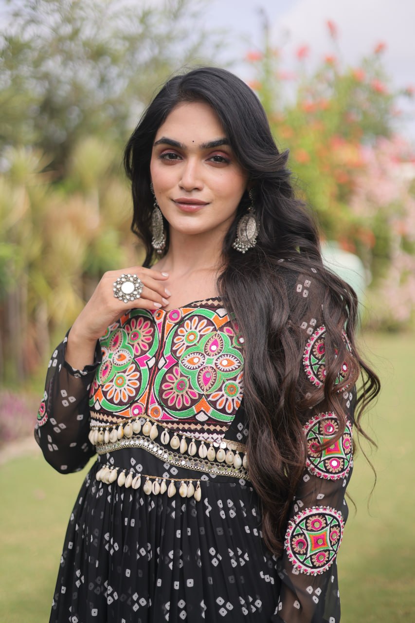 Navratri Special Faux Georgette Bandhani Gown with Kutchi Patchwork