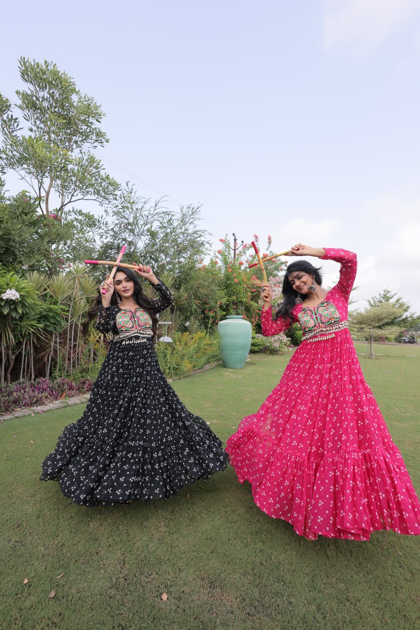 Navratri Special Faux Georgette Bandhani Gown with Kutchi Patchwork