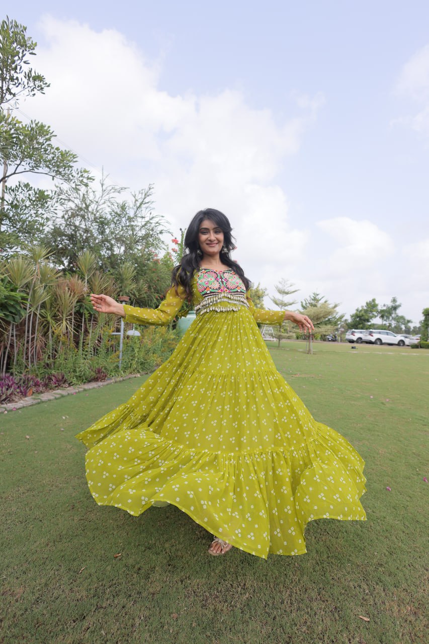 Navratri Special Faux Georgette Bandhani Gown with Kutchi Patchwork