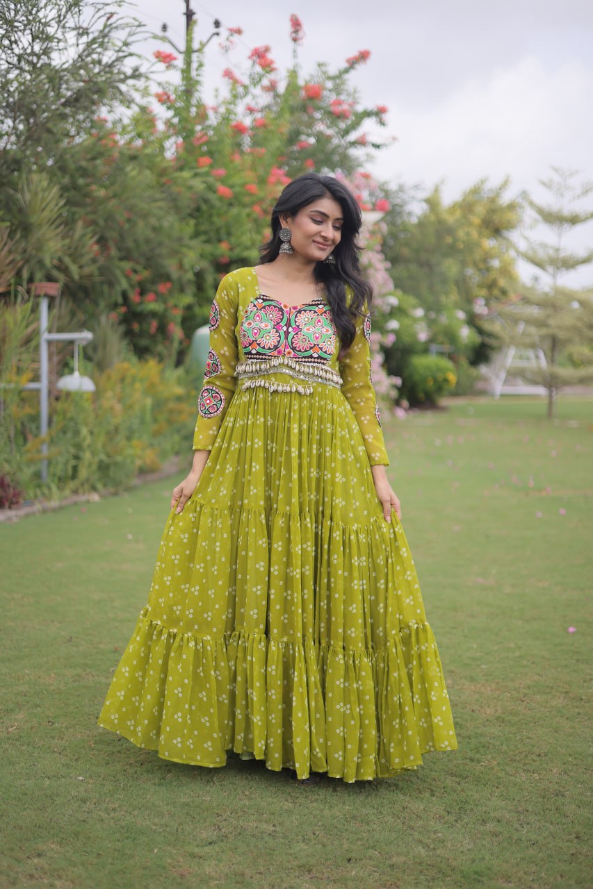 Navratri Special Faux Georgette Bandhani Gown with Kutchi Patchwork