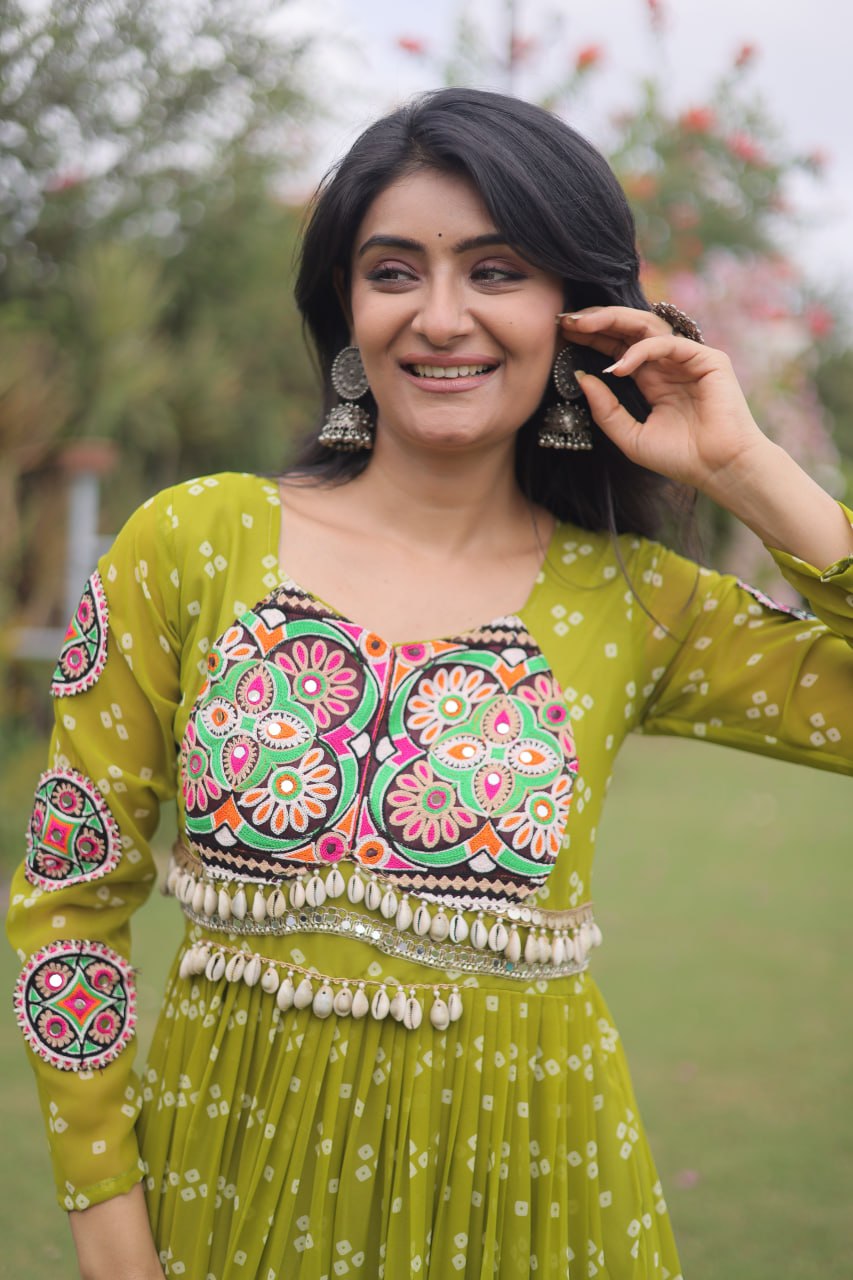 Navratri Special Faux Georgette Bandhani Gown with Kutchi Patchwork