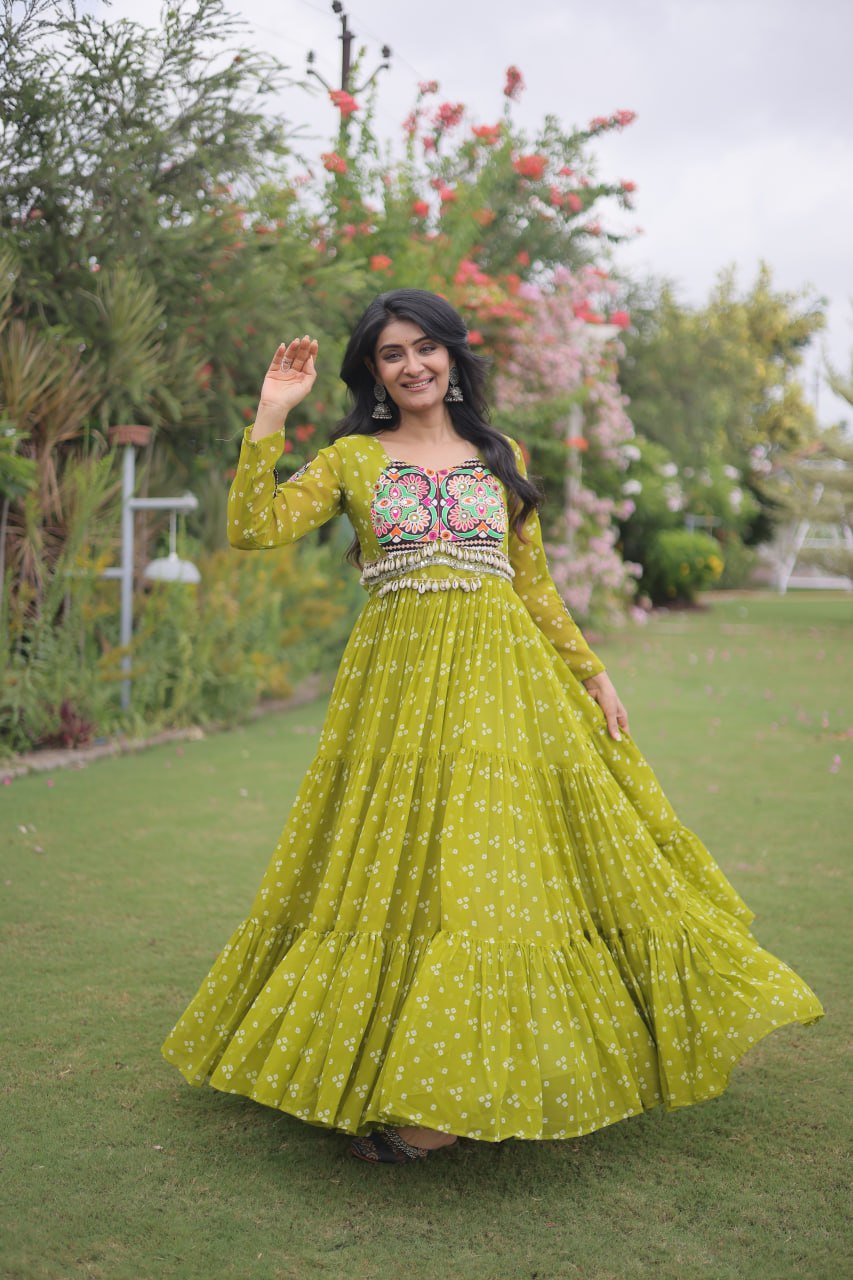 Navratri Special Faux Georgette Bandhani Gown with Kutchi Patchwork