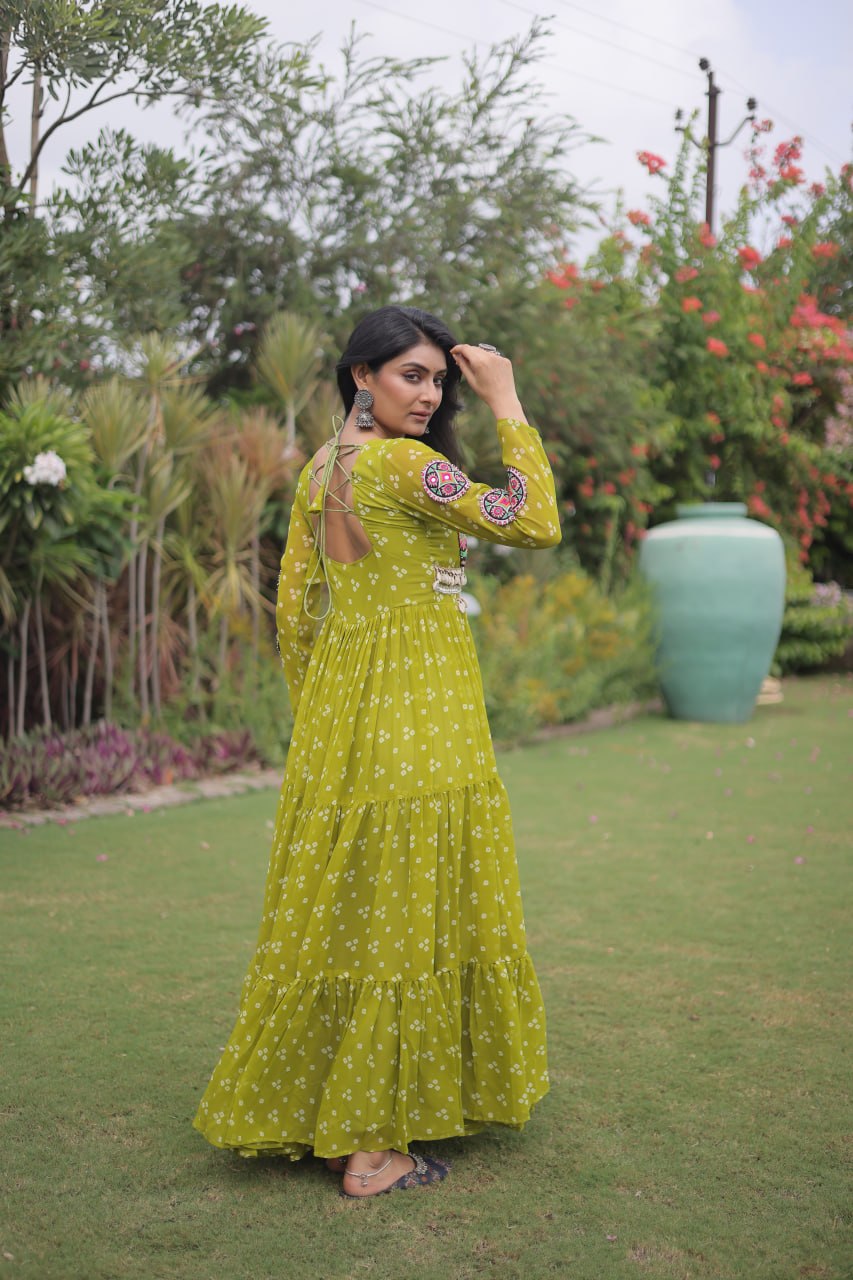 Navratri Special Faux Georgette Bandhani Gown with Kutchi Patchwork
