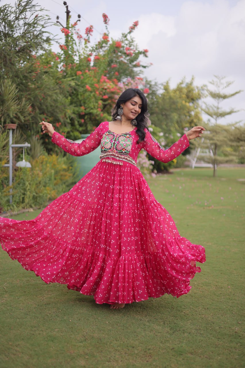 Navratri Special Faux Georgette Bandhani Gown with Kutchi Patchwork