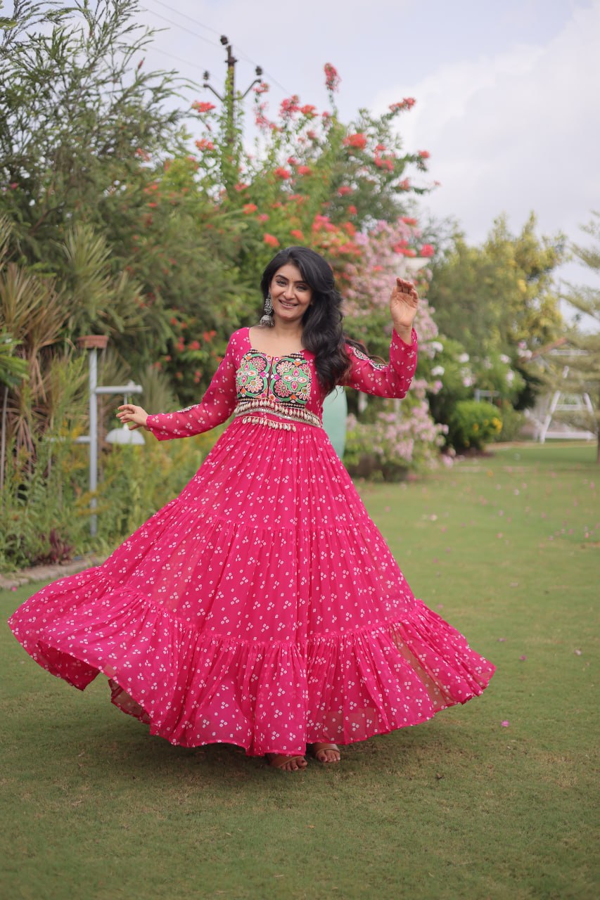 Navratri Special Faux Georgette Bandhani Gown with Kutchi Patchwork
