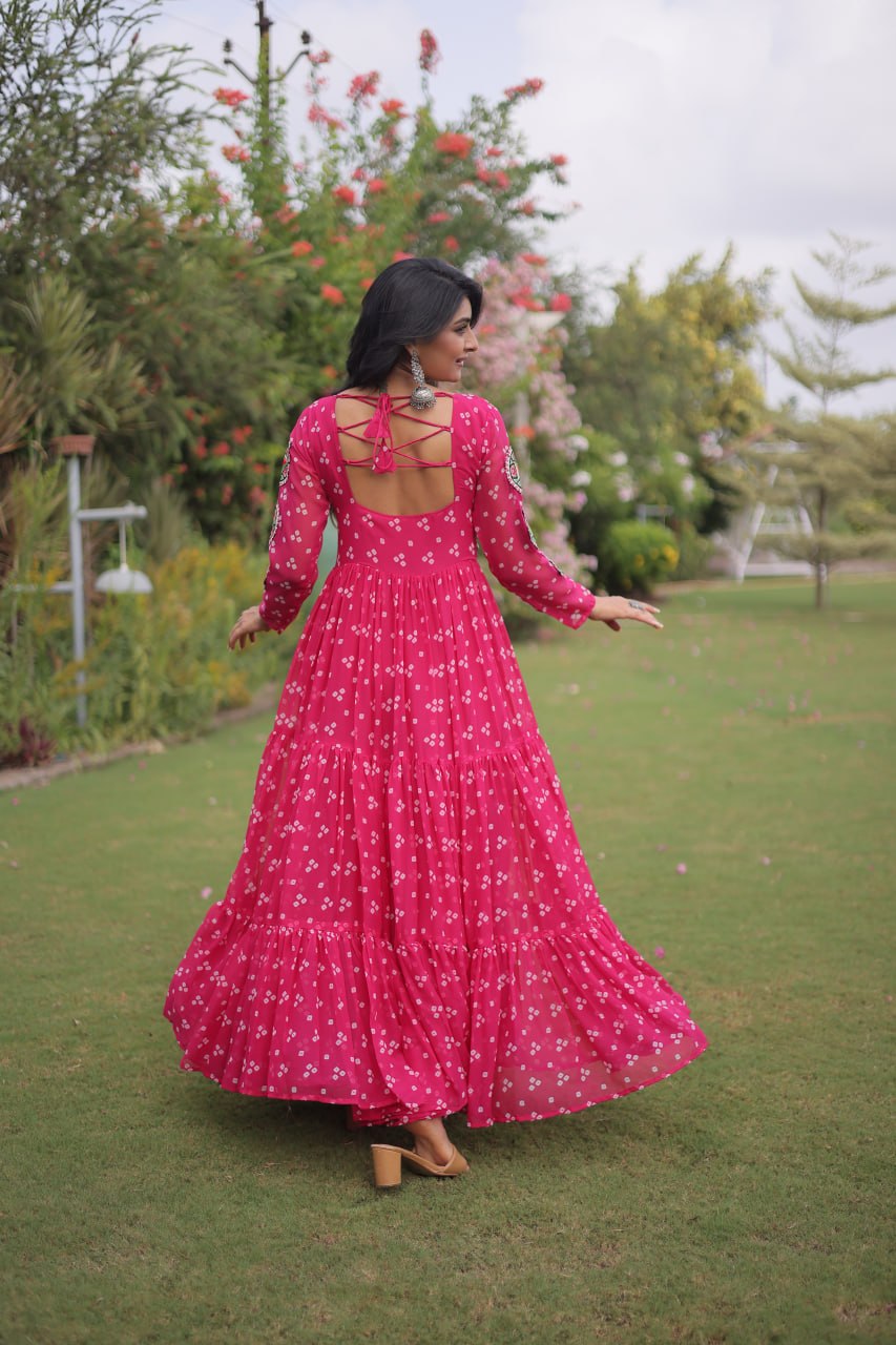 Navratri Special Faux Georgette Bandhani Gown with Kutchi Patchwork