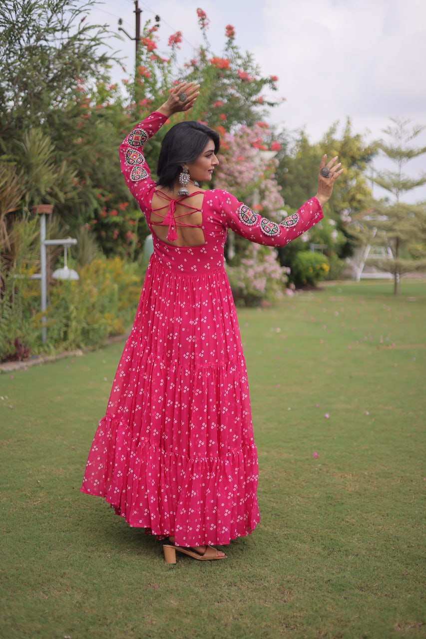 Navratri Special Faux Georgette Bandhani Gown with Kutchi Patchwork