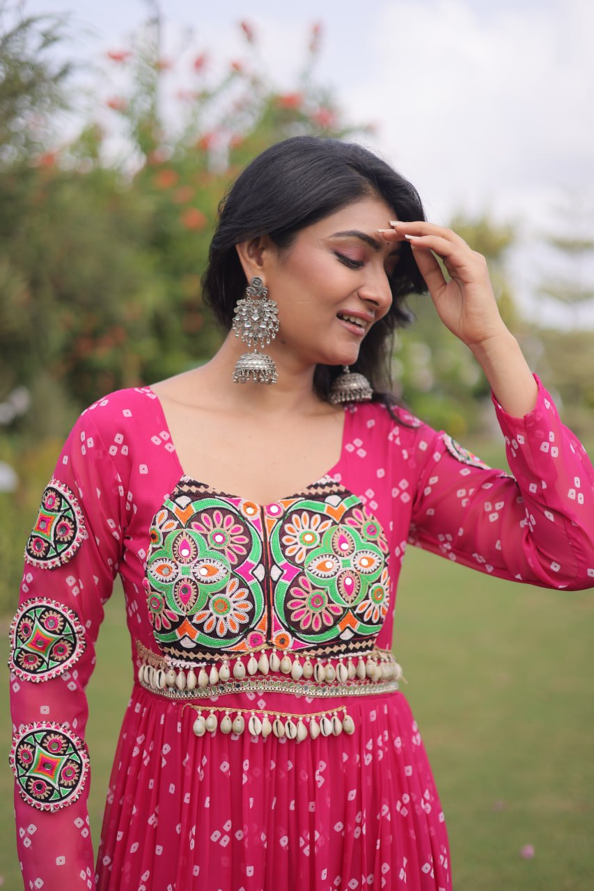 Navratri Special Faux Georgette Bandhani Gown with Kutchi Patchwork