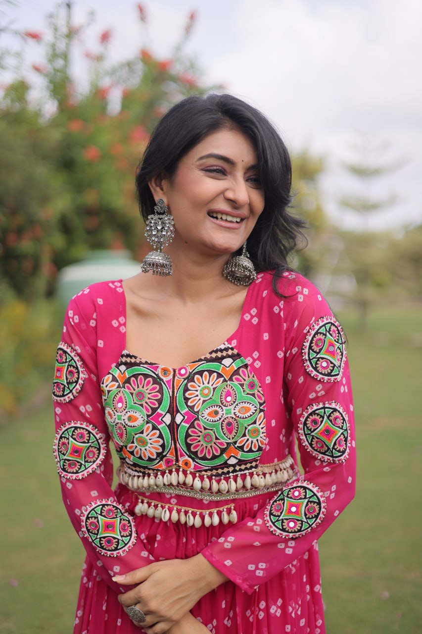 Navratri Special Faux Georgette Bandhani Gown with Kutchi Patchwork