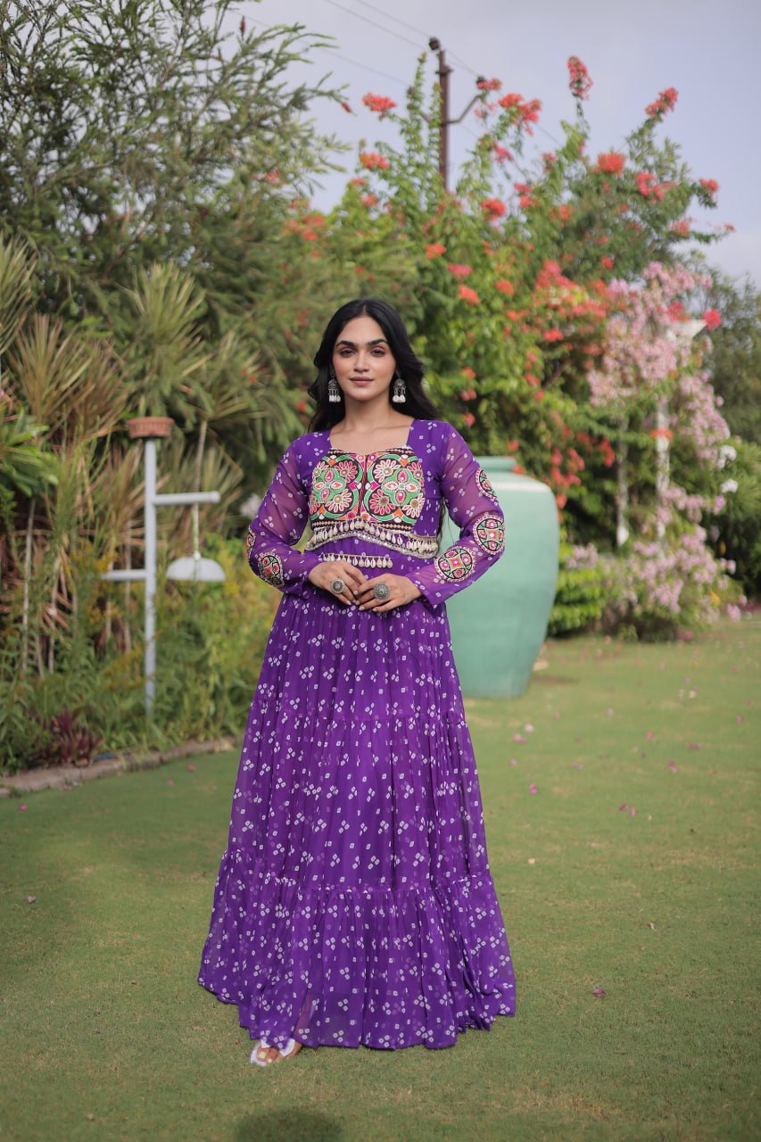 Navratri Special Faux Georgette Bandhani Gown with Kutchi Patchwork