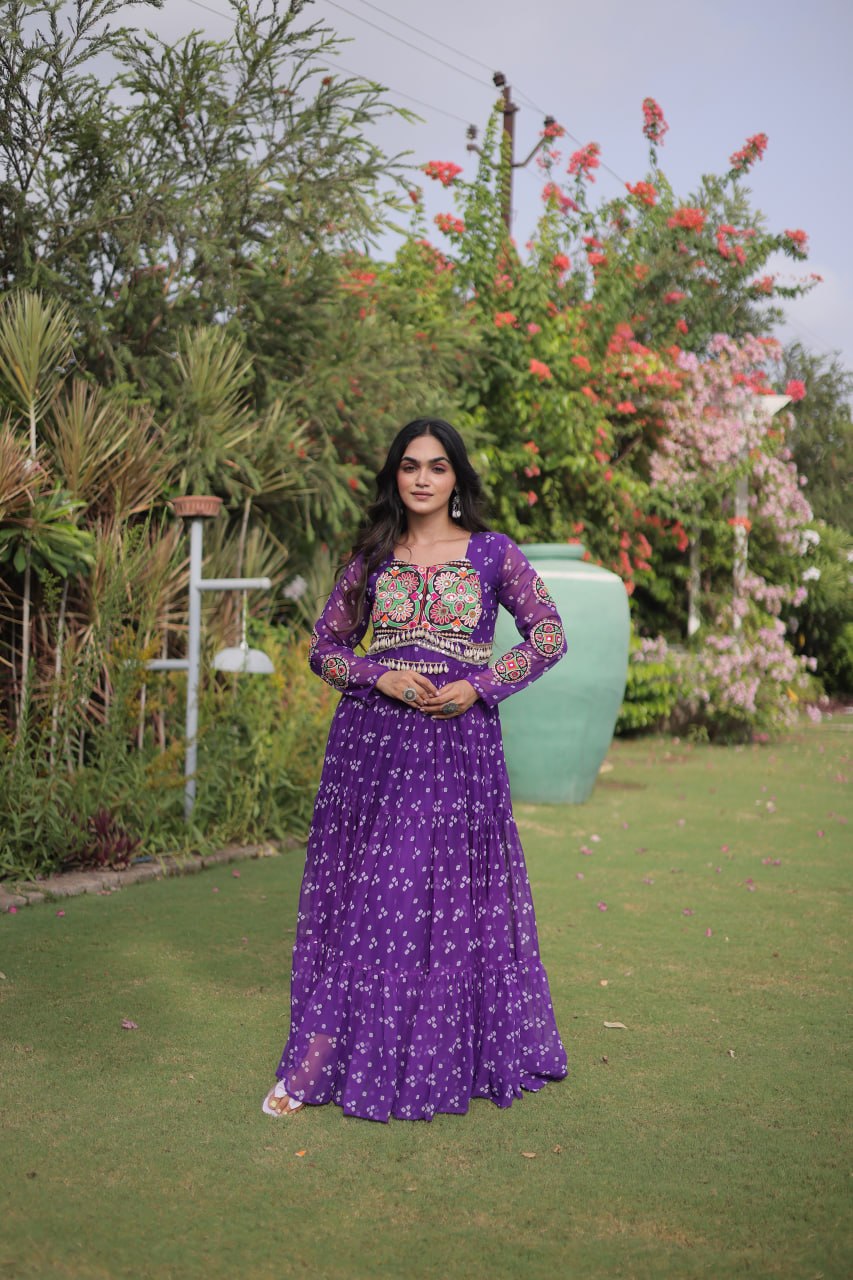 Navratri Special Faux Georgette Bandhani Gown with Kutchi Patchwork