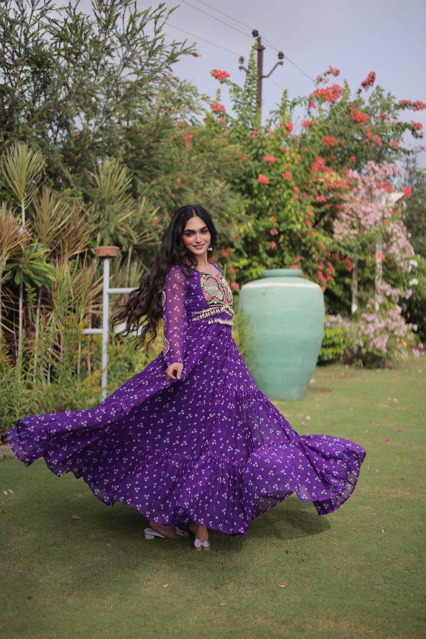 Navratri Special Faux Georgette Bandhani Gown with Kutchi Patchwork