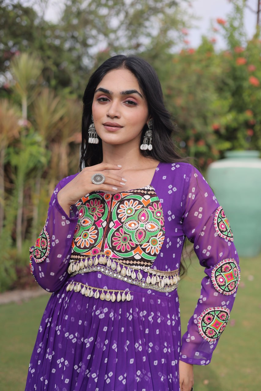 Navratri Special Faux Georgette Bandhani Gown with Kutchi Patchwork