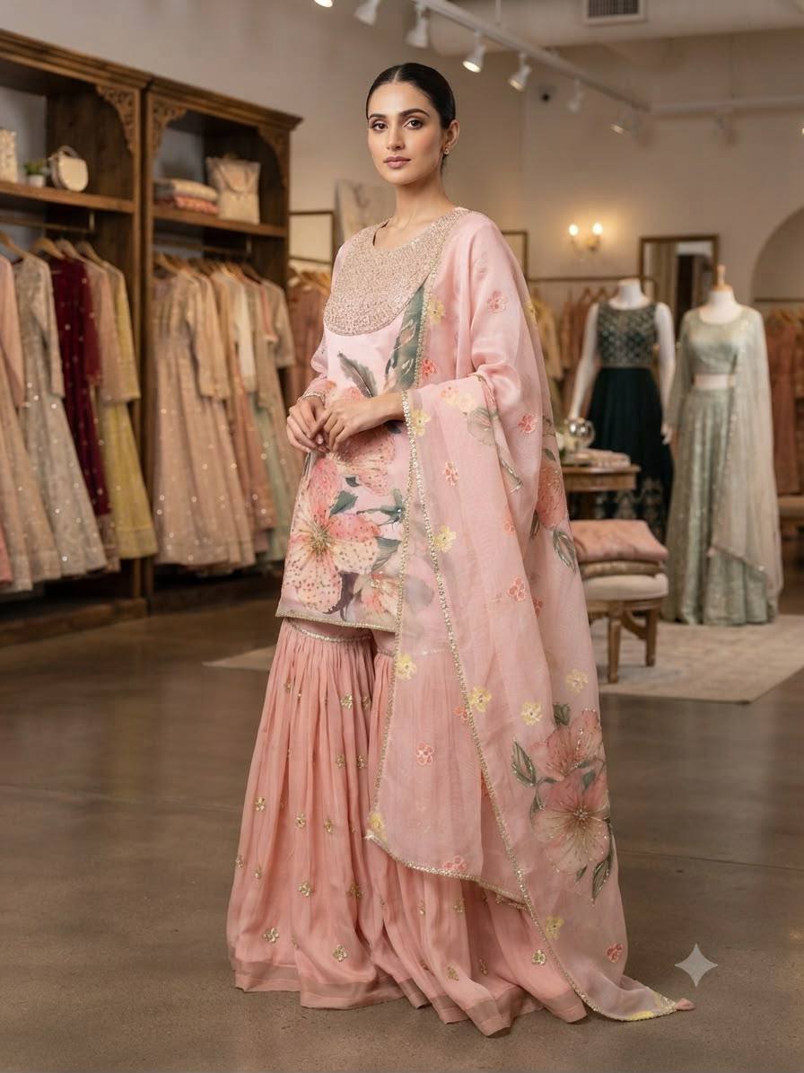 Printed Organza Sequins Embroidered Sharara Suit for Women