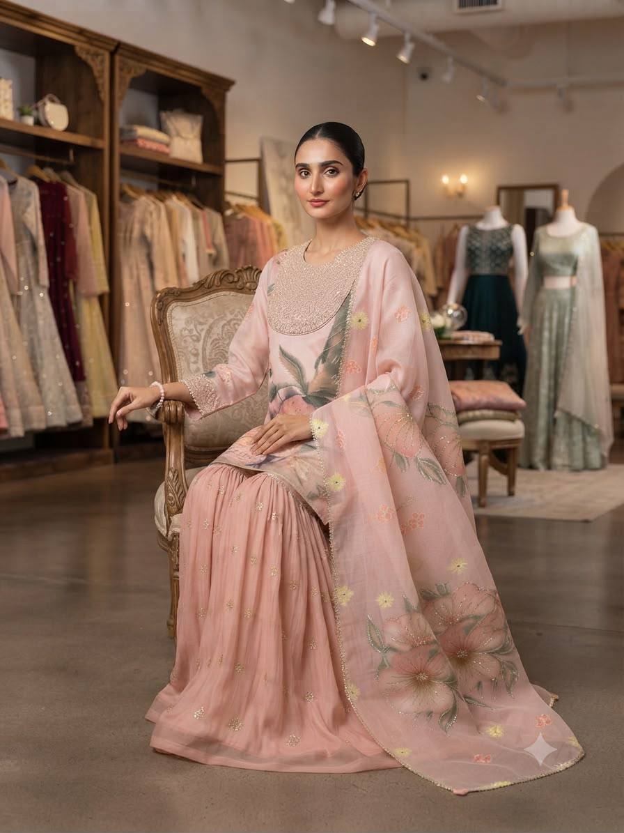 Printed Organza Sequins Embroidered Sharara Suit for Women